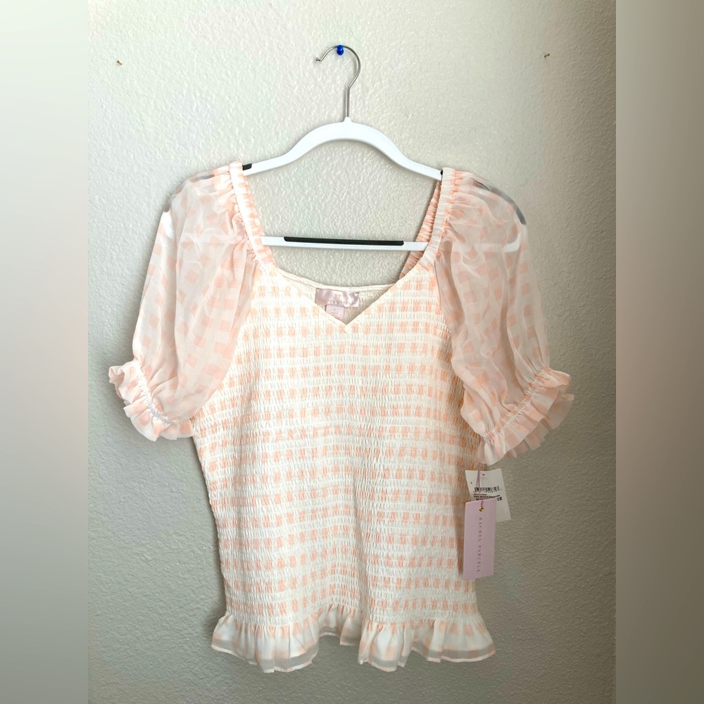 Rachel Parcell Pink Beach Gingham chiffon puff sleeve top